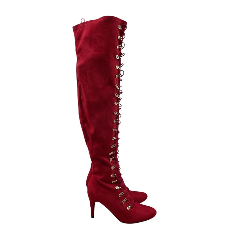 Journee Red Faux Suede Lace Up Over The Knee Thigh High Stiletto Boots 6.5